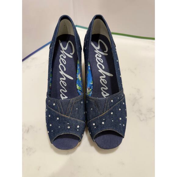 Skechers Shoes - Skechers Denim & Sparkles Wedge Peep Toe Heels Size 7.5 Excellent Condition